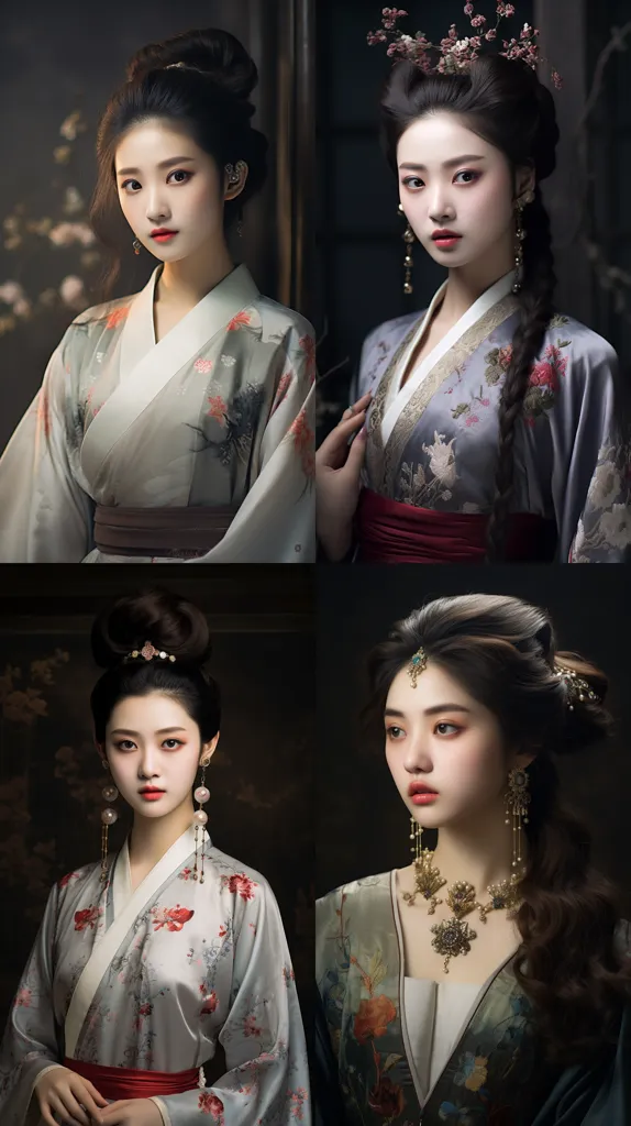  The image shows four beautiful Chinese women in traditional Chinese clothing. The women are all wearing different styles of clothing, but they all share a common theme of elegance and beauty. The women are all depicted with long, flowing hair, and they are all wearing makeup that is natural and understated. The image is set against a dark background, which helps to make the women stand out. The overall effect of the image is one of beauty and sophistication.