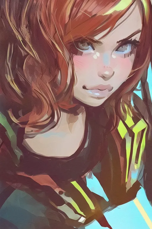 This is a digital painting of a young woman. She has bright red hair, light blue eyes, and a fair complexion. She is wearing a black jacket with yellow stripes. The jacket is open, and she is wearing a white shirt underneath. She has a confident expression on her face, and she is looking at the viewer with her head tilted at a slight angle. The background is a blur of light blue and yellow-green.