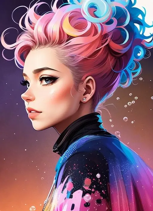 The image is a portrait of a young woman with pink and blue hair. She is wearing a black jacket with a colorful pattern. The background is a gradient of purple and blue-green. The woman's expression is serious and thoughtful.
