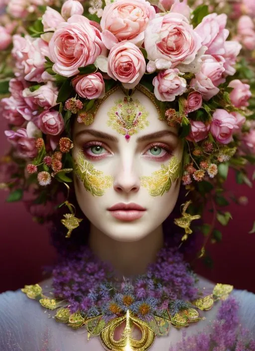 A imagem é um retrato de uma jovem mulher com cabelos longos e ondulados. Ela está usando uma coroa de rosas rosa e tem um colar de ouro com uma joia roxa no centro. Seu rosto está pintado de dourado e ela tem olhos verdes. O fundo é um rosa escuro. A mulher olha para o espectador com uma expressão serena.