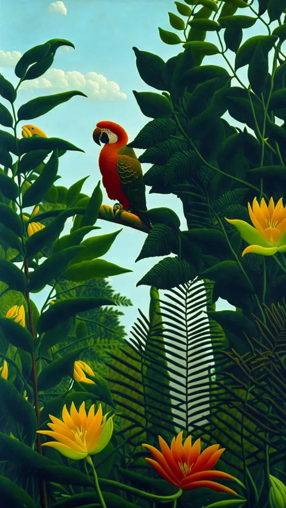 O quadro retrata um papagaio em um cenário de selva. O papagaio está empoleirado em um galho, rodeado por folhas verdes exuberantes e flores exóticas. O fundo é um borrão de verde, com um toque de céu azul no topo. O quadro é feito em um estilo realista, com atenção aos detalhes. As cores são vibrantes e realistas, e as texturas das folhas e flores são quase palpáveis. O quadro tem uma sensação de profundidade e atmosfera, e parece transportar o observador para uma floresta tropical.