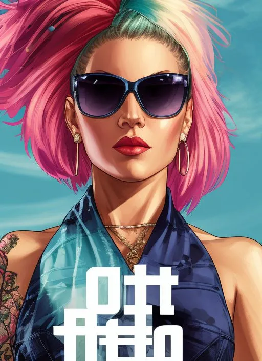 Esta es una pintura digital de una mujer. Tiene el cabello rosa y verde, y lleva gafas de sol. Lleva una camisa a rayas azul y blanca y tiene un tatuaje en el brazo. El fondo es azul claro con un degradado blanco en la parte inferior. La palabra "GTA" está escrita en letras blancas en la esquina inferior izquierda.