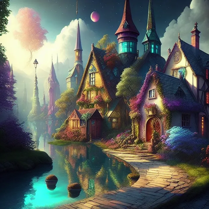 The image is a beautiful depiction of a fantasy village. The village is made up of small, colorful houses that are surrounded by lush greenery. A river runs through the middle of the village, and there is a bridge that crosses the river. The sky is a deep blue, and there are two moons in the sky. The village is lit by a few street lamps. There are also some trees and flowers in the village. The image is very peaceful and serene.