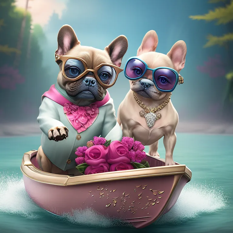 The image shows two French bulldogs in a boat. The boat is pink and has the word \