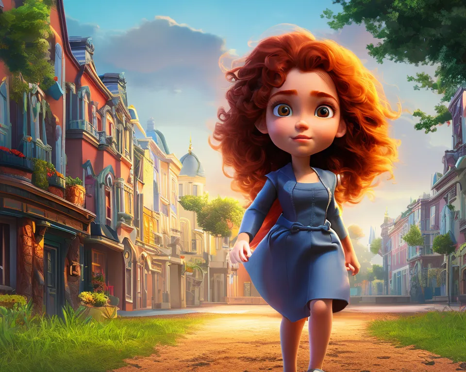 The image is of a young woman with long red curly hair. She is wearing a blue dress and a red cape. She is walking down a street in a European city. The street is lined with old buildings and there are trees and flowers on either side. The woman is smiling and looks happy. She is carrying a basket in her right hand. The image is in a cartoon style and the colors are bright and vibrant.