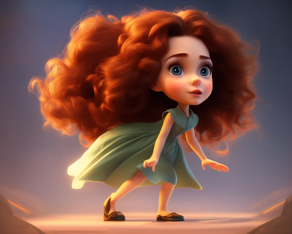 The image is a 3D rendering of a cartoon character. The character is a young girl with red curly hair and blue eyes. She is wearing a green dress and black shoes. The girl is standing on a brown surface with a blurred background. The girl's expression is one of surprise or wonder.