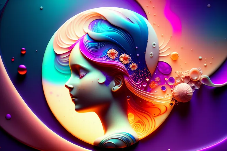 The image is a colorful 3D rendering of a woman's face. The woman is shown in profile, with her eyes closed and her head tilted slightly to the right. Her hair is flowing around her head and she is wearing a crown of flowers. The background is a swirling mass of colors, with bright blues, purples, and pinks. The image is very detailed, with intricate details in the woman's hair and clothing. The colors are also very vibrant, which gives the image a very energetic and lively feel. Overall, the image is very beautiful and captivating. It is a great example of how 3D rendering can be used to create realistic and lifelike images.