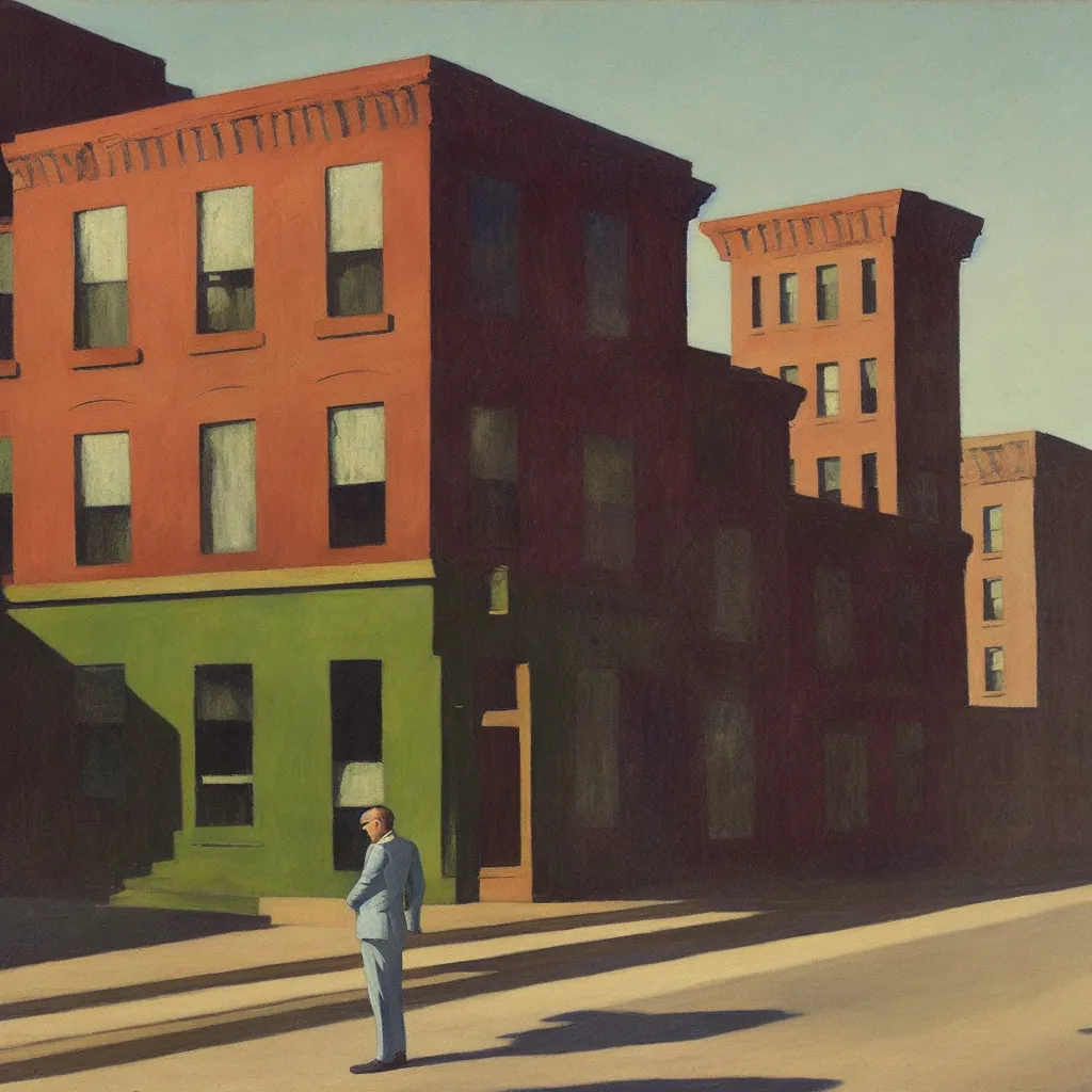 The painting portrays the urban scene of a city street with a man standing alone in the foreground. The man is dressed in a suit and tie, with a hat on his head. He has a pensive expression on his face, looking down as he stands on the deserted street.

The buildings on either side of the street are tall and imposing, with their red brick facades creating a sense of uniformity. Their identical size and regular rows of windows suggest a standardized, almost monotonous, urban landscape. The absence of any other people on the street further emphasizes the feeling of isolation and solitude.

The painting's color palette is predominantly muted, with the red of the buildings contrasting against the gray of the street and the blue of the sky. The light is depicted as bright and direct, casting long shadows that accentuate the feeling of loneliness and isolation.

Overall, the painting conveys a sense of urban alienation and solitude, capturing the feeling of being lost and alone in a big city.