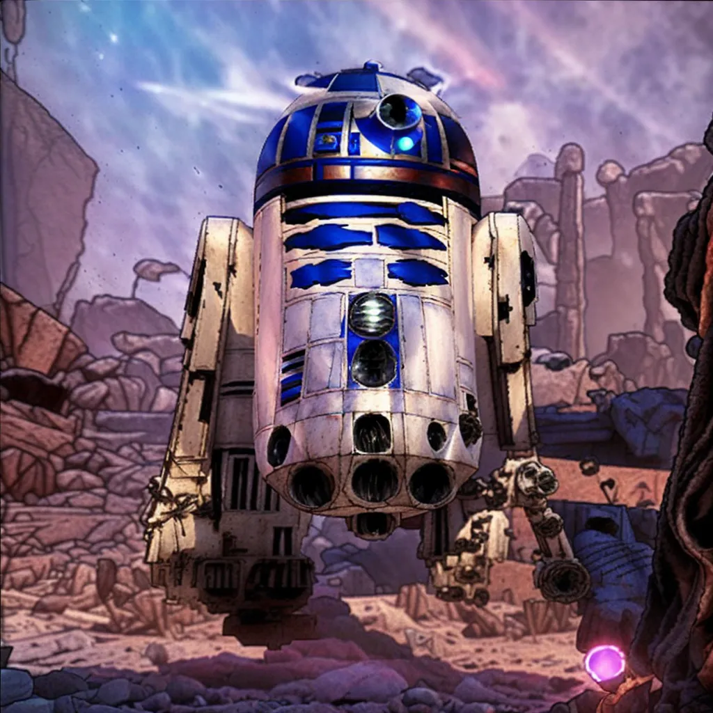 The image shows a rusty R2-D2 unit standing on a rocky terrain. The ground is covered in large rocks and boulders, and the sky is a light blue with a few clouds. In the background, there are large rock formations. R2-D2 is a white and blue astromech droid, and he is looking at the viewer with his photoreceptor.