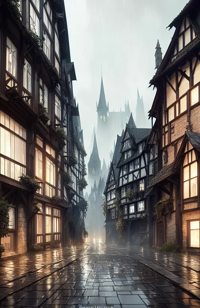 The image is a street scene in a medieval European city. The street is made of cobblestones and lined with half-timbered buildings. The buildings are three or four stories tall and have steeply pitched roofs. The street is wet from the rain, and the rain is reflecting the light from the windows. There is a fog in the distance, and beyond that, you can see the towers of a castle or cathedral.