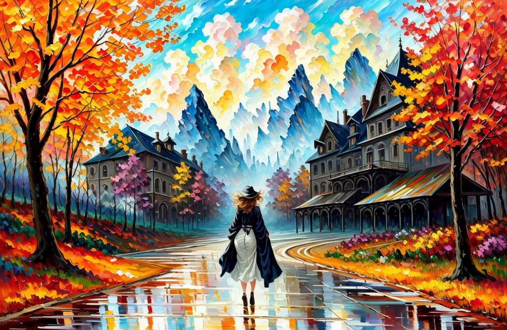 The painting is in a realistic style and depicts a street scene in a small town. The time of day is autumn, and the leaves on the trees are a variety of colors, including red, orange, and yellow. The street is wet from the rain, and the reflections of the buildings and trees can be seen in the puddles. The main focus of the painting is a woman walking down the street. She is wearing a long black coat and a hat, and she is carrying a red umbrella. The woman's face is not visible, but her figure is shrouded in mystery. The painting is full of vibrant colors and has a dreamlike quality.