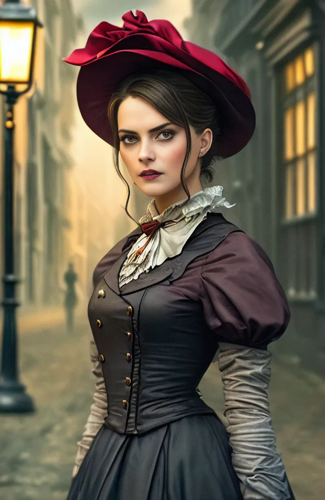 Esta es una imagen de una mujer joven, probablemente de finales de los teens o principios de los veinte. Ella está usando un vestido negro con un cuello blanco y un sombrero rojo con un velo negro. El vestido está hecho de un tejido pesado y está ribeteado con encaje negro. El sombrero está hecho de un fieltro fino y está decorado con una cinta roja. El cabello de la mujer es de color marrón oscuro y está recogido en un moño. Sus ojos son de color marrón oscuro y su piel es pálida. Lleva un dije alrededor del cuello. El fondo es una calle en una ciudad. Hay una lámpara de gas en el lado izquierdo de la imagen y hay edificios en el lado derecho. La calle está empedrada y está bordeada por lámparas de gas.