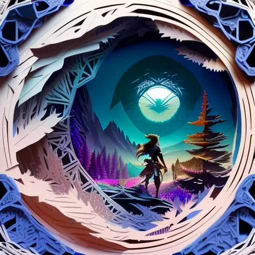 This is an image of a paper cut out scene. The scene is set in a forest at night. The full moon is shining through the trees. A woman is standing in the foreground, looking at the moon. She is wearing a long dress and has long hair. The trees are bare, and the ground is covered in snow. The scene is depicted in a circle, with intricate paper cut out details surrounding it.