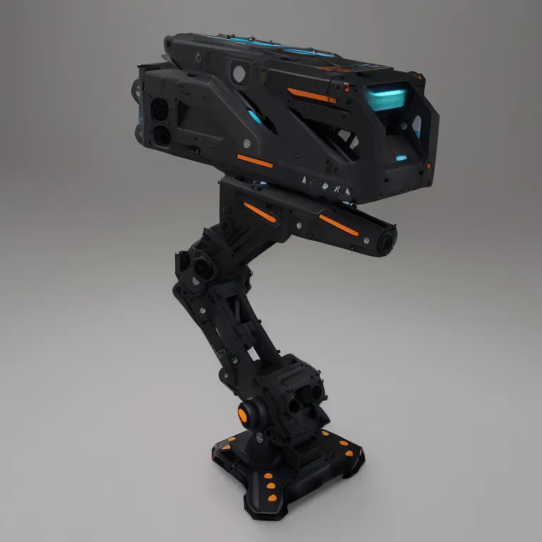The image depicts a  futuristic robot with a black and orange color scheme. It has a large, cylindrical body with a glowing blue light on the front. The robot is mounted on a set of three legs, each of which has a large, circular foot. The robot's arms are long and slender, and each has a claw-like hand. The robot's head is small and round, and it has a single, glowing blue eye.