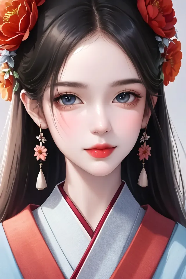 The image is a digital painting of a young woman with long black hair and blue eyes. She is wearing a traditional Chinese dress called a hanfu. The dress is red and white with intricate gold and silver detailing. She has a red flower in her hair and is wearing matching red earrings. The background is a gradient of light blue and white. The painting is done in a realistic style and the woman's expression is serene and beautiful.