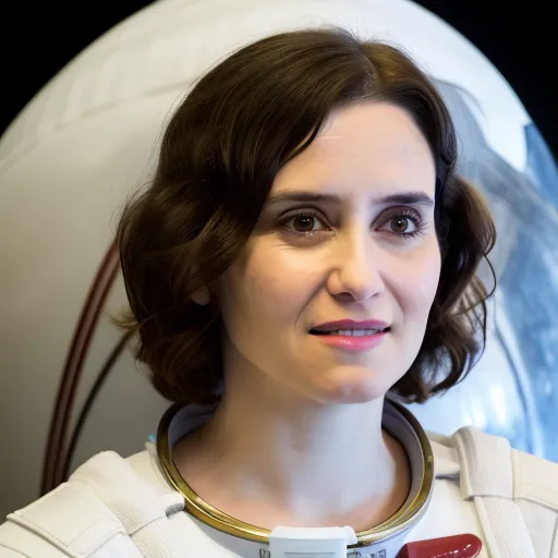 Esta es una imagen de una mujer joven con un traje espacial. Tiene el cabello corto y castaño y ojos marrones. Está sonriendo y mirando a la cámara. Lleva un traje espacial blanco con un cuello rojo y azul. El traje espacial tiene un casco de burbuja transparente. Está sentada en una silla frente a un fondo blanco.