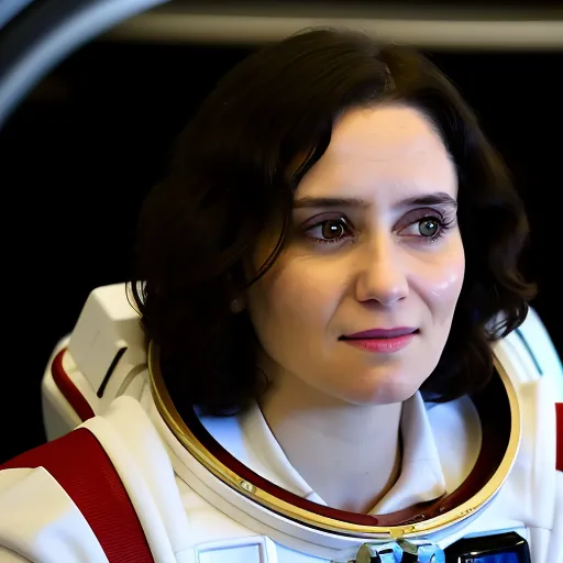 Esta es una imagen de una mujer joven con un traje espacial. Tiene el cabello corto de color marrón oscuro y ojos de color marrón claro. Está mirando hacia la derecha del encuadre y tiene una leve sonrisa en el rostro. Lleva un traje espacial blanco con una franja roja a lo largo del brazo. El traje espacial tiene un casco de burbuja transparente y está sentada en una posición reclinada.