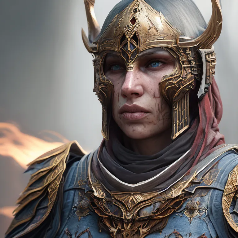This is an image of a female warrior. She is wearing a golden helmet with horns and a blue scarf. Her armor is also gold and blue, and she is carrying a sword. She has a determined expression on her face, and it is clear that she is ready for battle. The background is a blur of gray and brown, suggesting that she is in a war zone.