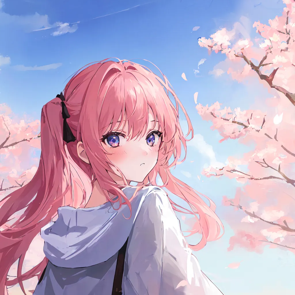 The image is a portrait of a young girl with pink hair and blue eyes. She is wearing a white shirt and a blue jacket. The girl is standing in a field of cherry blossoms. The background is a blue sky with white clouds. The girl is looking at the viewer with a shy expression on her face.