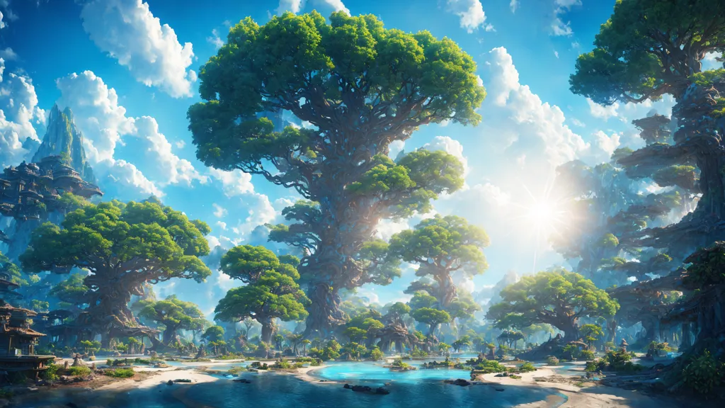 The image is a beautiful landscape of a forest with a large body of water. The water is a deep blue color and is surrounded by lush green trees. The trees are of different heights and shapes, and their branches are covered in leaves. The sky is a clear blue and is dotted with white clouds. There is a small opening in the trees where a ray of sunlight is shining through. The image is peaceful and serene, and it evokes a sense of wonder and awe.