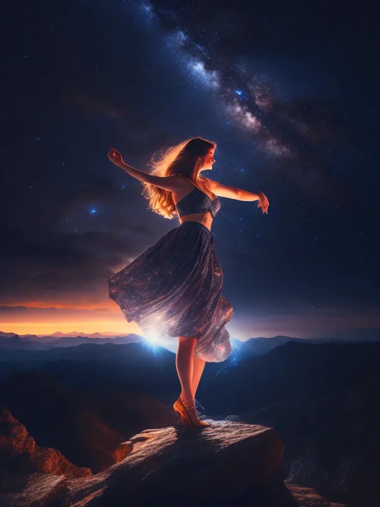 The image is of a woman standing on a rock in the mountains. She is wearing a sparkly dress and has her arms outstretched. The background is a starry night sky with a bright, shining galaxy in the middle. The woman is looking up at the sky and appears to be in a state of wonder and awe. The image is both beautiful and serene and captures the feeling of being small and insignificant in comparison to the vastness of the universe.