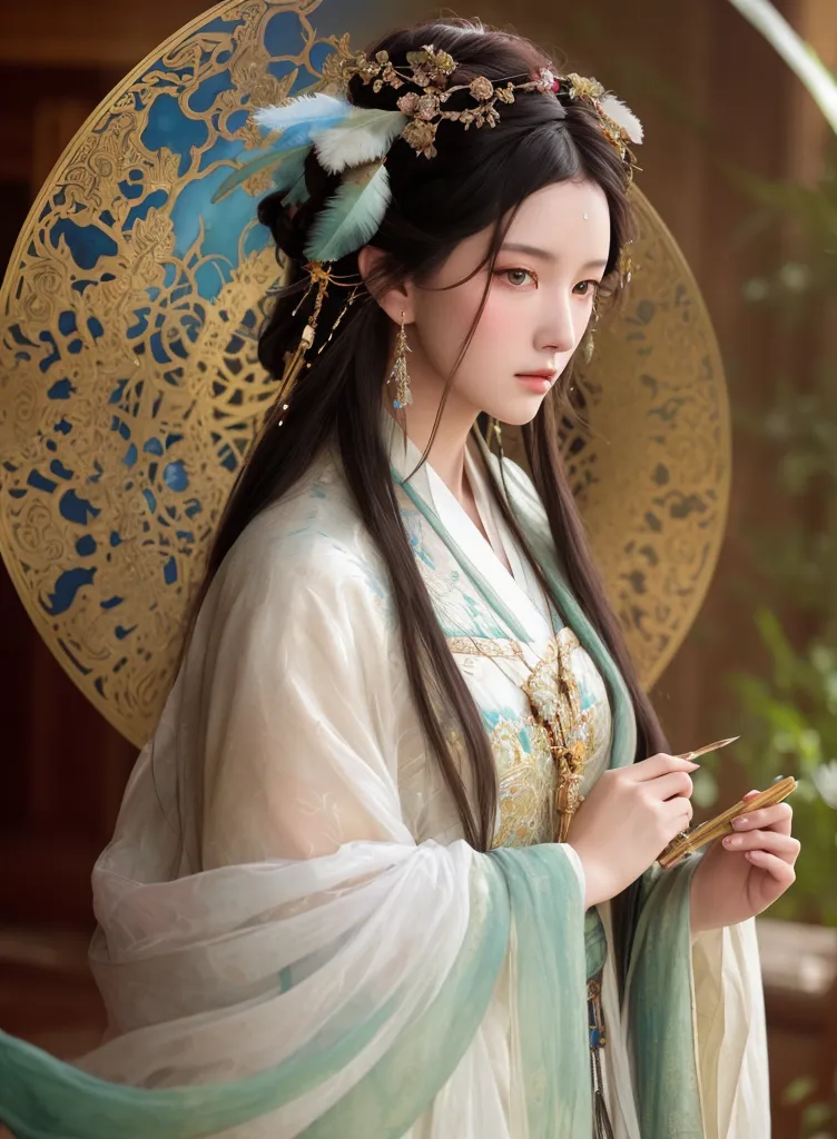 The image is a portrait of a young woman in a traditional Chinese dress. She is standing in front of a round, intricately carved wooden screen. The woman is wearing a white and blue hanfu with a long, flowing skirt and a fitted bodice. The hanfu is decorated with delicate embroidery and gold accents. Her hair is long and black, and it is styled in an elaborate updo with a number of hair accessories. She is also wearing a number of pieces of jewelry, including a necklace, earrings, and bracelets. The woman's face is serene and beautiful, and she is looking at the viewer with a gentle smile. The image is a beautiful and evocative portrait of a young woman in traditional Chinese dress.