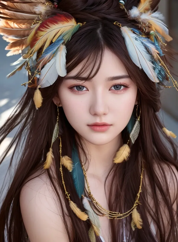 A young woman with long, dark brown hair is wearing a colorful headdress made of feathers. The headdress is made up of feathers in various shades of brown, yellow, orange, and white. The feathers are arranged in a fan-like shape and are held in place by a thin, gold band. The woman's hair is styled in a loose, wavy style and her eyes are a light grey color. She is wearing a light colored sleeveless top and has a serious expression on her face.