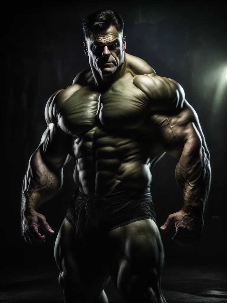 The image is of a muscular man standing in a dark room. He is wearing a black loincloth and his muscles are flexed. The man's skin is green and he has a large head with a prominent brow. His eyes are dark and his expression is serious. The man is standing in a spotlight and there is a dark background behind him.
