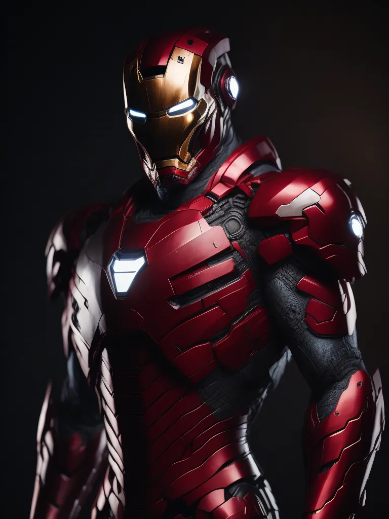 The image shows Iron Man, a superhero from the Marvel comics. He is wearing his iconic red and gold armor. The armor is made of metal and has a variety of weapons and gadgets built into it. Iron Man is standing in a dark room, and the light from his armor is reflecting off the walls. He is looking at the viewer with a determined expression on his face. The image is very detailed, and you can see all of the fine details of the armor. The image is also very realistic, and it looks like Iron Man is actually standing