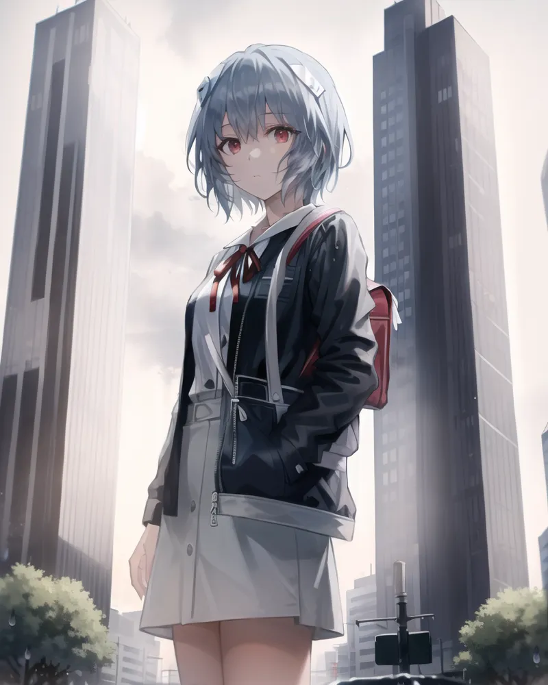 The image is a portrait of a young woman with blue hair and red eyes. She is wearing a white shirt, a gray skirt, and a black jacket. She has a red backpack on her back. She is standing in a city street, with tall buildings in the background. The image is drawn in a realistic style, and the colors are vibrant and bright. The woman's expression is serious and thoughtful. She seems to be lost in thought, contemplating something important. The image is full of mystery and intrigue, and it leaves the viewer wondering what the woman is thinking about.