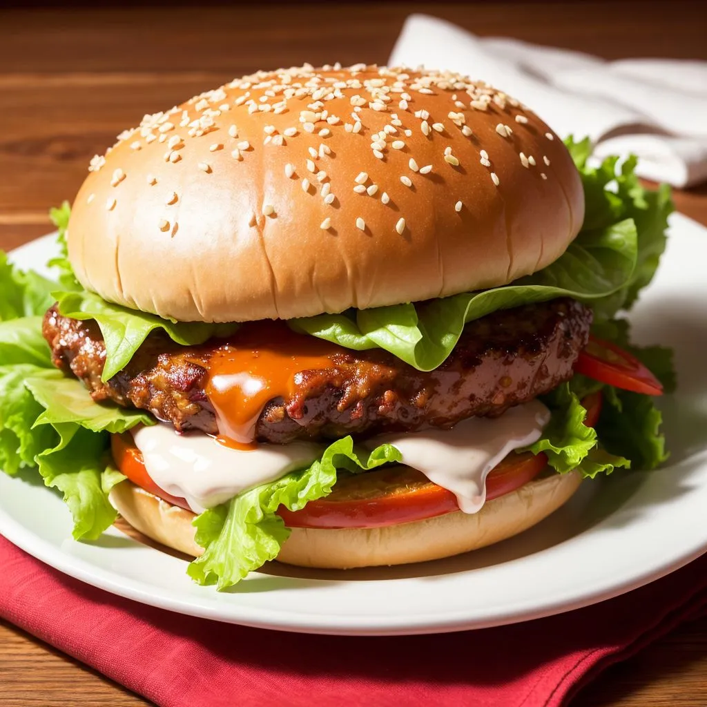 The image shows a delicious-looking burger with a sesame seed bun, lettuce, tomato, cheese, and a beef patty. The burger is sitting on a white plate with a red napkin underneath. The burger is garnished with a pickle slice and a cherry tomato. In the background, there is a wooden table. The burger is in focus and the background is slightly blurred, which makes the burger look even more delicious.