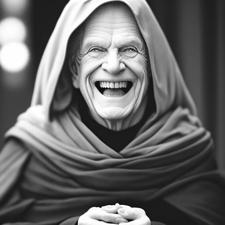 The image is in black and white. It shows an elderly man with a warm smile on his face. He is wearing a dark robe with a hood that is pulled back to reveal his head. His eyes are crinkled at the corners and his cheeks are rosy. He has a long, white beard that is neatly trimmed. His hands are folded together in front of him. The background is out of focus and is slightly darker than the foreground. The overall effect of the image is one of peace and serenity. The man's smile is contagious and it makes the viewer feel happy and relaxed. The image is a reminder that even in the darkest of times, there is always hope and beauty to be found.