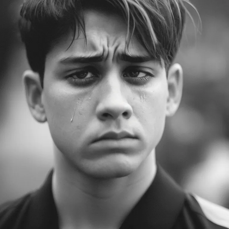 La imagen está en blanco y negro. Muestra a un hombre joven con el cabello corto y una expresión triste en su rostro. Está mirando hacia abajo con los ojos cerrados y hay lágrimas en sus mejillas. El fondo está desenfocado.