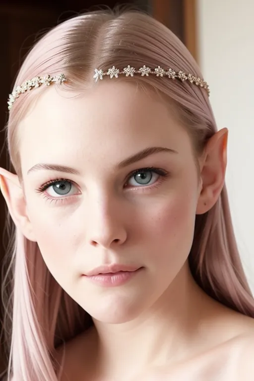 The image is a portrait of a beautiful young woman with long, flowing pink hair. She has fair skin and light blue eyes, and her ears are slightly pointed. She is wearing a circlet of silver flowers in her hair. The image is soft and ethereal, and the woman's expression is one of peace and serenity.