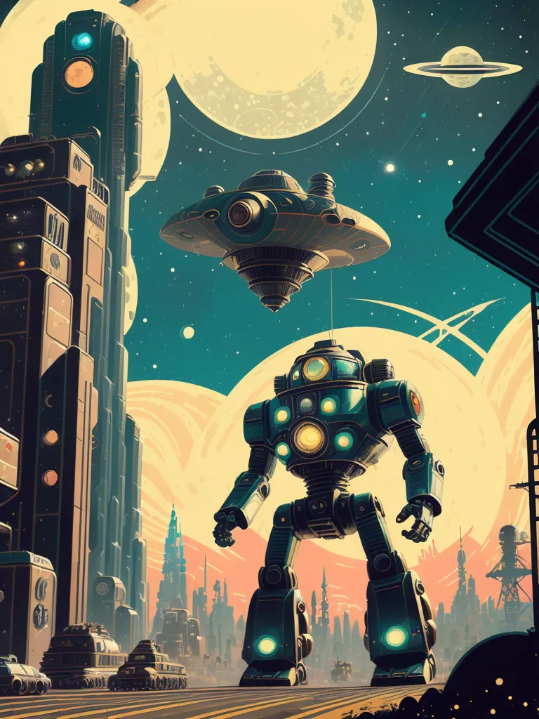 The image is a retro-futuristic illustration of a city with a giant robot and a flying saucer. The city is depicted as a sprawling metropolis with tall buildings and a variety of vehicles flying through the air. The robot is standing in the foreground of the image and is depicted as a large, green machine with a humanoid shape. It has a variety of weapons mounted on its body, including a large gun on its right arm. The flying saucer is depicted as a large, silver disc with a green dome on top. It is hovering in the air above the robot. The image is set against a backdrop of a starry sky with two moons.