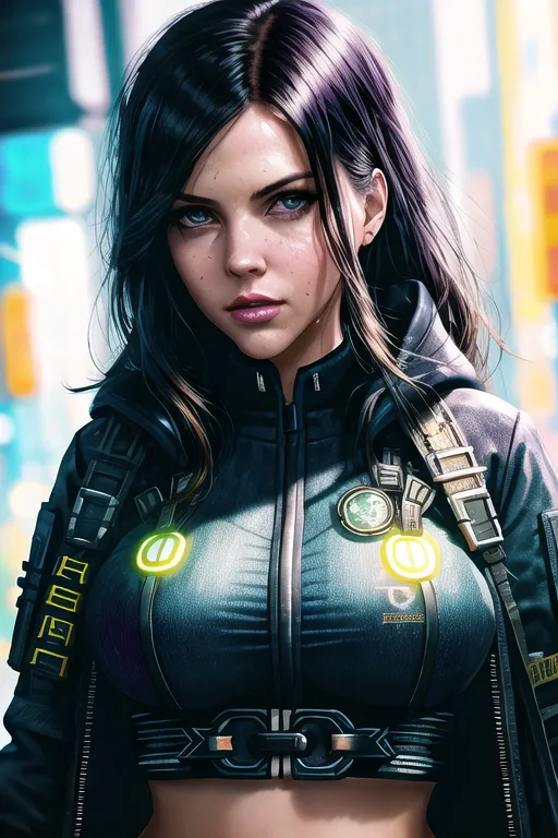 The image is a portrait of a young woman with long black hair and blue eyes. She is wearing a black leather jacket with green highlights and a yellow symbol on the chest. The jacket is open, revealing a black sports bra. She is also wearing a black choker and has a small green light on her left cheek. The background is a blurred city street with a blue and purple neon glow.