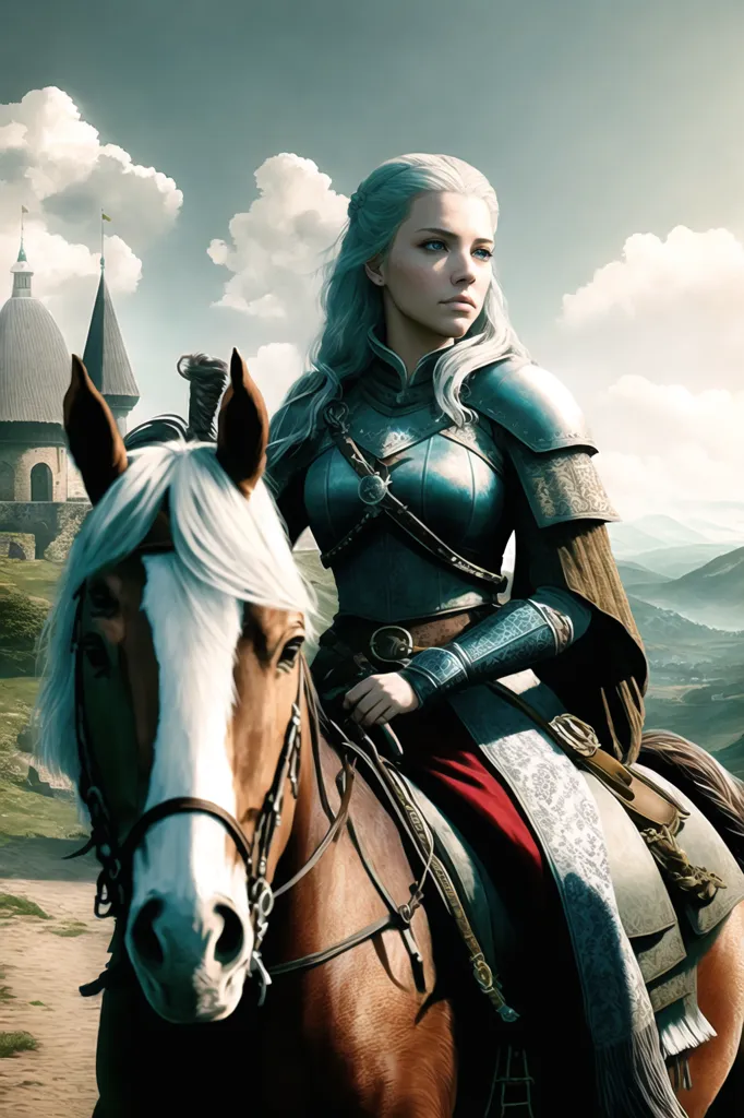 A woman in medieval armor is riding a brown horse. She has long white hair and blue eyes. She is wearing a silver breastplate and a brown skirt. She has a sword on her hip and a quiver of arrows on her back. She is riding through a mountainous landscape. There is a castle in the background.