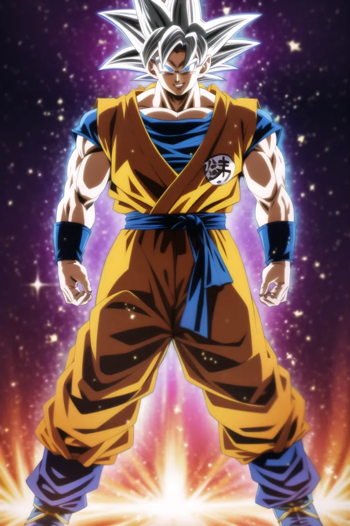 This is an image of Goku, a character from the Dragon Ball series. He is standing with his feet shoulder-width apart, his hands at his sides. He is wearing a yellow and orange jumpsuit with a blue belt and has a serious expression on his face. His hair is spiky and yellow, and he has a halo around his head. The background is a dark blue color with a bright light in the center.