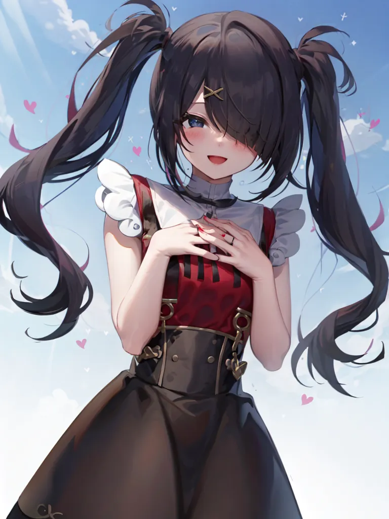 The image is a digital painting of a young woman with long, black hair and blue eyes. She is wearing a red and black dress with a white collar. Her hair is tied up in two pigtails and she has a small, red heart-shaped hairclip on the left side of her head. She is standing in front of a blue sky with white clouds and there are pink heart-shaped objects floating around her. The woman has a shy smile on her face and she is looking at the viewer.