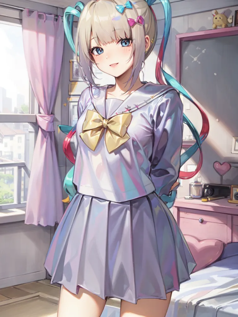 The image is a digital painting of a young woman in a school uniform. She has long blonde hair tied up in two ponytails, and blue eyes. She is wearing a white blouse with a gray pleated skirt, a yellow bow, and a pink sweater. She is standing in a bedroom, with a window, pink dresser, and bed behind her. The image is drawn in a soft, realistic style, and the colors are vibrant and bright.