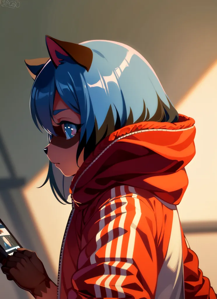 The image is of a young girl with blue hair and cat ears. She is wearing a red and white tracksuit with a hood. The girl is looking at her phone. The background is a blurred orange.