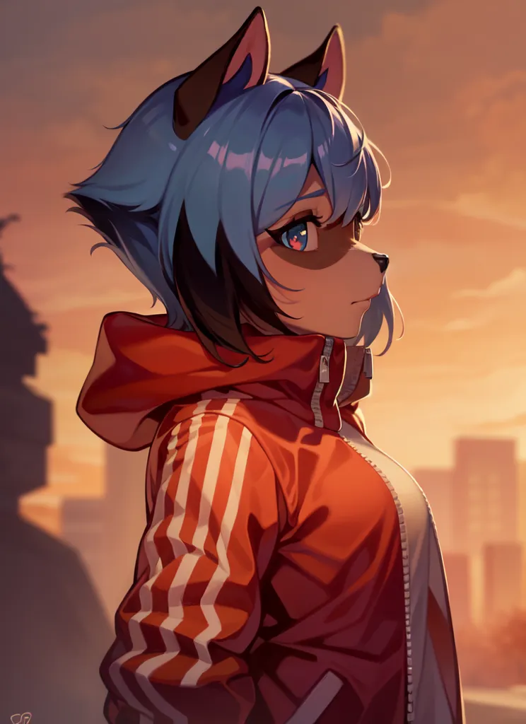 This is an image of a young woman with blue hair and eyes. She is wearing a red and white tracksuit with a hood. The hood is up and her hair is flowing out from underneath it. She has a determined look on her face and is looking off to the side. The background is a blurred cityscape with the sun setting.