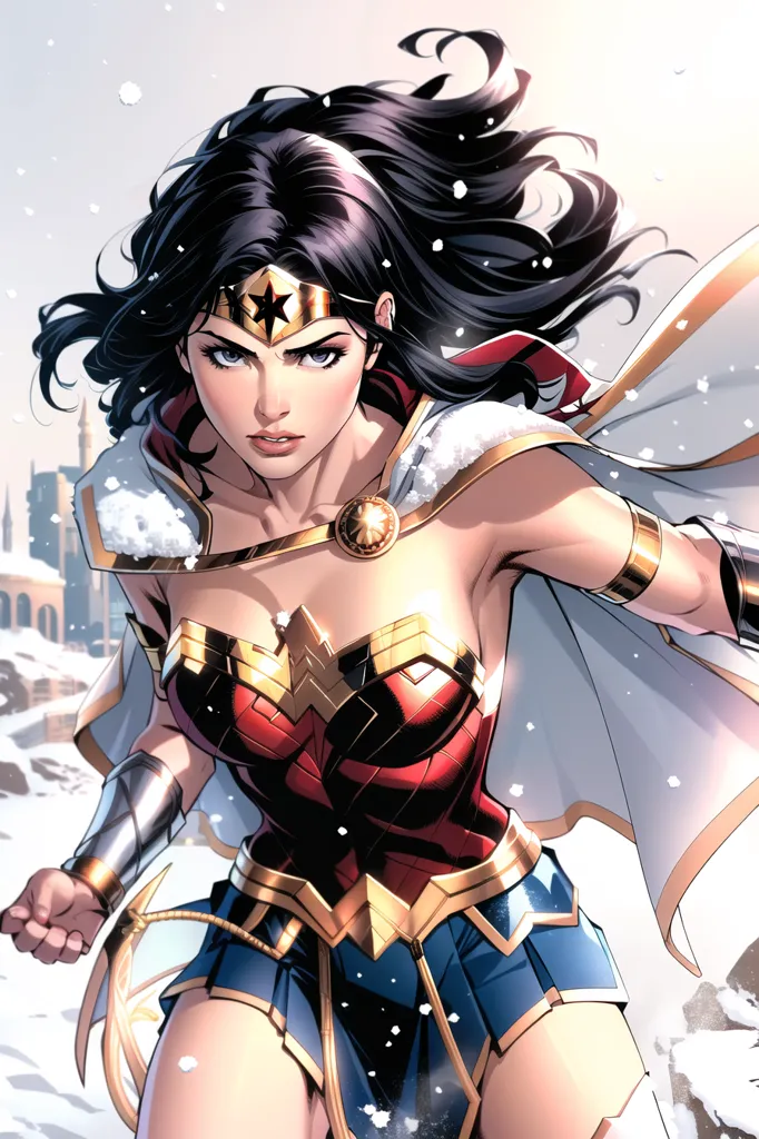 This is an image of Wonder Woman, a superhero from DC Comics. She is standing in a snowy landscape, wearing her iconic red, white, and blue costume. She has a determined expression on her face, and she is holding her lasso in her right hand. Her hair is long and flowing, and she is wearing a tiara on her head. She is also wearing a cape that is blowing in the wind. The background of the image is a snowy forest, and there is a castle in the distance.