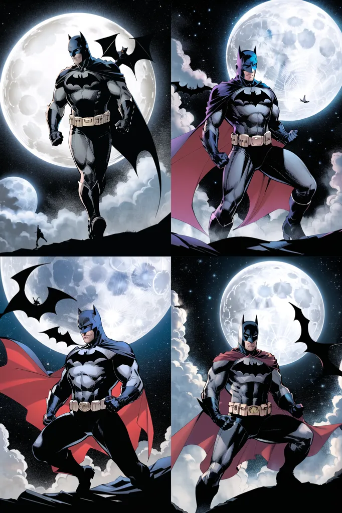 A imagem é uma grade 2x2 de imagens do Batman. Cada imagem apresenta o Batman em um traje diferente. Na imagem superior esquerda, o Batman está usando um traje preto e cinza com um cinto de utilidades amarelo. Ele está em pé em um telhado com a lua ao fundo. Na imagem superior direita, o Batman está usando um traje preto e azul com um cinto de utilidades vermelho. Ele está em pé em um telhado com a lua ao fundo. Na imagem inferior esquerda, o Batman está usando um traje preto e cinza com uma capa vermelha. Ele está em pé em um telhado com a lua ao fundo. Na imagem inferior direita, o Batman está usando um traje preto e cinza com um cinto de utilidades amarelo. Ele está em pé em um telhado com a lua ao fundo.