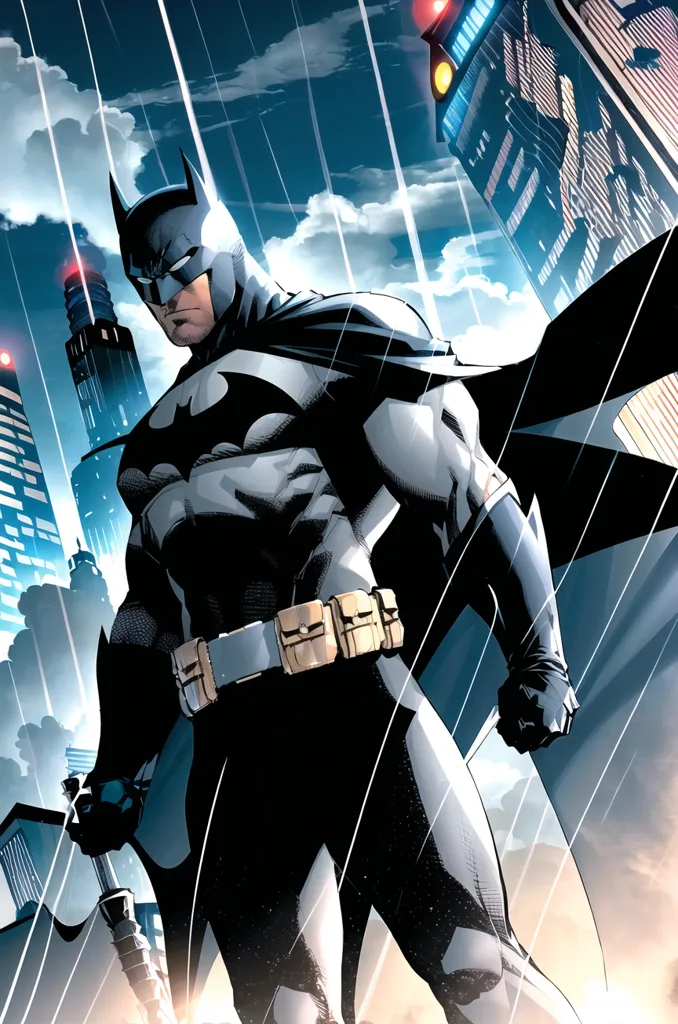 A imagem é uma pintura digital do Batman, um super-herói da DC Comics. Ele está em pé em um telhado em uma cidade escura e chuvosa. Ele está usando seu clássico Batsuit preto e cinza, e está segurando um Batarang em sua mão direita. Sua capa está esvoaçando ao vento, e ele está olhando para a cidade com uma expressão determinada em seu rosto. O fundo da imagem é um cenário urbano, com edifícios altos e arranha-céus. O céu está escuro e nublado, e há chuva caindo. A imagem está cheia de ação e suspense, e captura a essência do Batman como um herói sombrio e introspectivo.