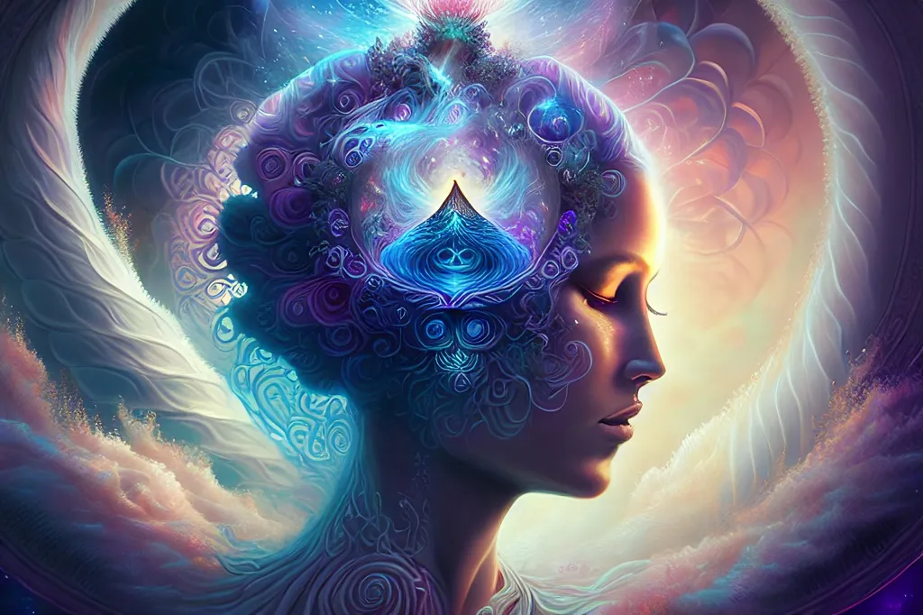 The image is a depiction of a woman's face. She is shown in profile, with her eyes closed and her head tilted slightly upwards. Her face is serene, with a peaceful expression on her lips.

The woman's head is surrounded by a glowing aura, which is made up of various shades of blue, purple, and pink. The aura is also filled with intricate patterns and symbols, which give it a mystical and otherworldly appearance.

The background of the image is a dark, starry night sky. The stars are scattered throughout the sky, and they give the image a sense of depth and mystery.

The overall effect of the image is one of beauty and tranquility. The woman's peaceful expression and the glowing aura that surrounds her create a sense of calm and serenity. The image is also full of mystery, and it leaves the viewer wondering about the woman's identity and the meaning of the symbols that surround her.