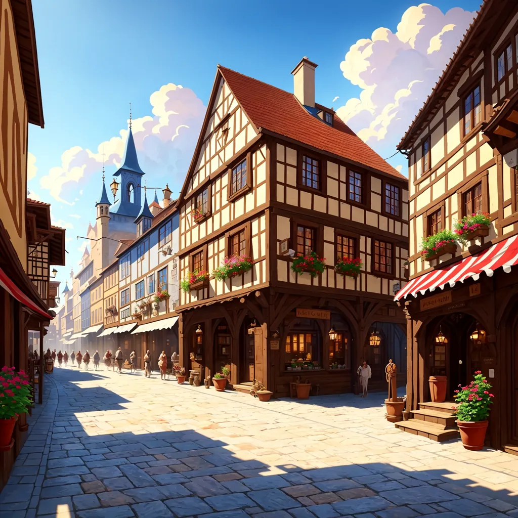The image is a street scene in a medieval European town. The street is made of cobblestones and lined with half-timbered buildings. The buildings have red tile roofs and are decorated with flowers and plants. There are people walking on the street, and there are a few shops open. The sky is blue and there are some clouds. The image is warm and inviting and has a lot of detail.