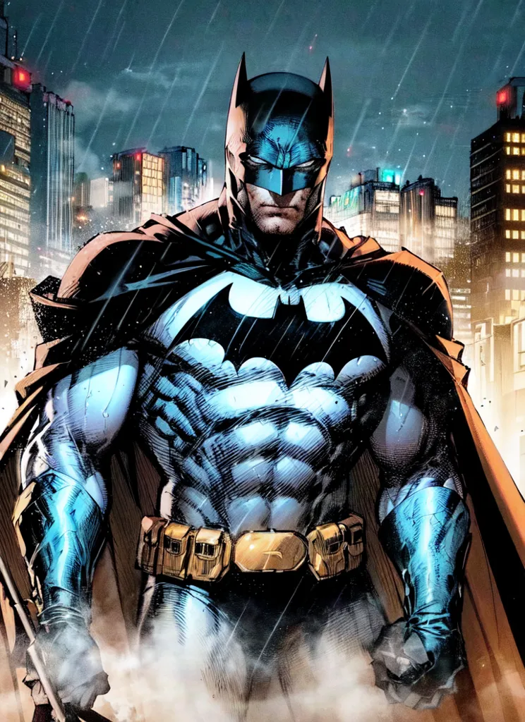 The image is a digital painting of Batman, a superhero appearing in American comic books published by DC Comics. The Dark Knight is standing on a rooftop in a rainy city. He is wearing his classic blue and gray Batsuit with a yellow utility belt. His cape is billowing behind him. He has a determined look on his face, and he is looking down at the city below. The city is in the background and is dark and rainy. The image is full of action and suspense, and it captures the essence of Batman's character.