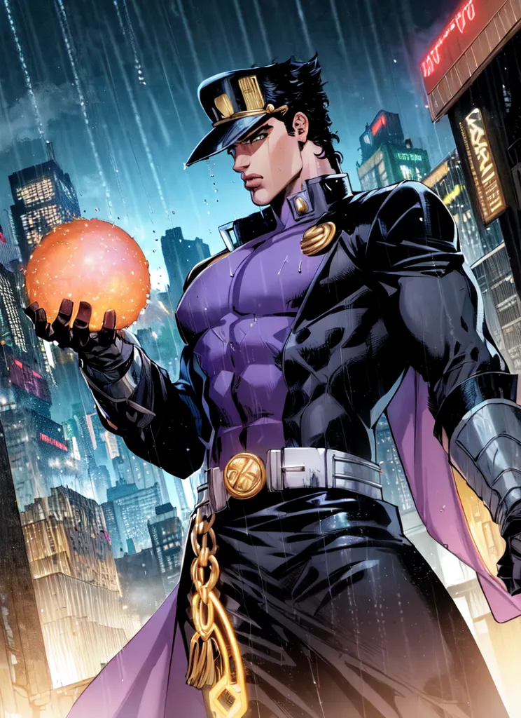 The image is of a man standing in a rainy city street. He is wearing a black hat and coat, and a purple shirt. He has a muscular build, and his face is stern. He is holding a glowing ball of energy in his hand. The background of the image is a city, with tall buildings and neon lights. The image is dark and moody, and the man's expression is one of determination.