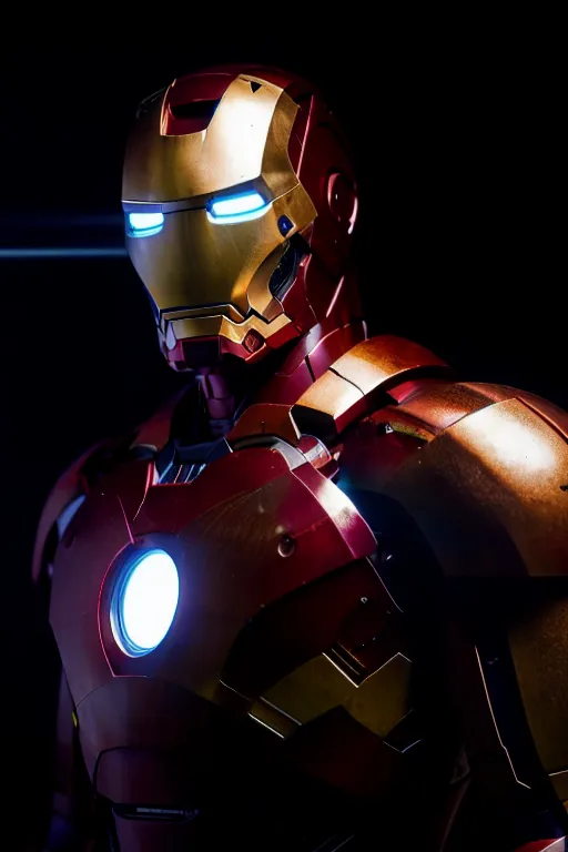 The image shows a man in an Iron Man suit. The suit is red and gold, with a glowing blue arc reactor on the chest. The man's face is not visible, but the suit's eyes are glowing blue. The suit is also equipped with a number of weapons, including a repulsor cannon in each hand. The man is standing in a dark room, with a spotlight shining down on him. The image is taken from a low angle, making the man look even more imposing.